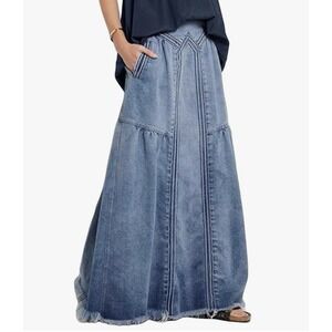 Ebossy Denim Skirt Large Blue Hippie Long Elastic Maxi Pockets Casual Festival